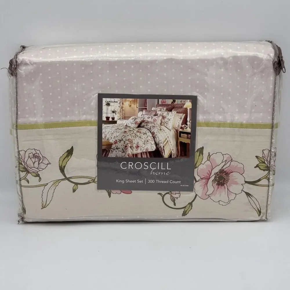 Croscill Carolina King Sheet Set Floral 300 Thread Count Cotton Sateen NEW